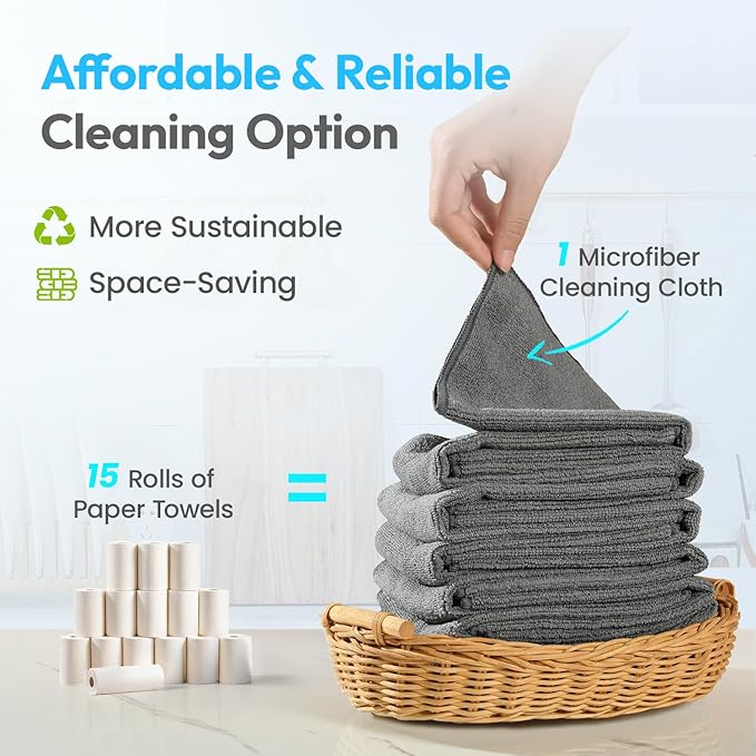 Microfiber Cleaning Cloth 12"X12" 24 Pack Grey Lint Free Microfiber Towels for Cars-Extra Thick, Streak-Free, Fast Absorbent - Reusable Multi-Purpose Housekeeping Rags for Cars