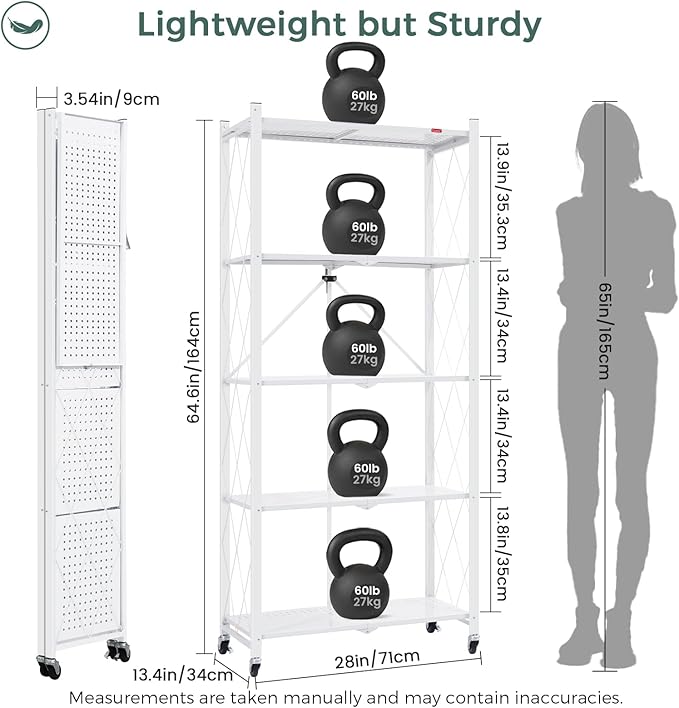 DEANIC 5 Tier Foldable Storage Shelves with Wheels, Large Capacity Shelving Unit, Freestanding Metal Wire Shelf Rack, No Assembly Organizer Rack for Garage Kitchen, Basement, Pantry(White Pack of 2)