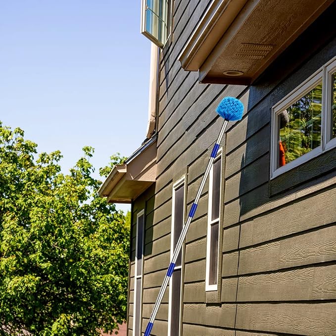 Cobweb Duster with Extension Pole, 8 FT Long Duster for High Ceilings, Walls, Medium Stiff Bristles Cobweb Brush with Lightweight Stainless Steel Pole for Outdoor Indoor Cleaning