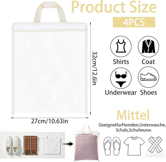 4Pcs Small Mesh Laundry Bags for Delicates Hanging Mini 12 x 10 Inches Durable Lingerie Bags for Washing Machine Wash Laundry Net Bag for Lingerie Underwear Socks Baby Clothes Travel 32x27cm