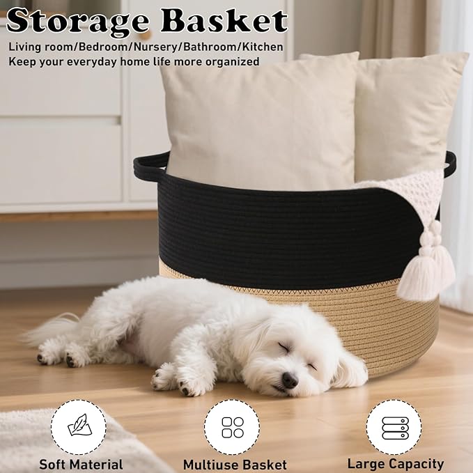 65L Large Blanket Basket,19.7" L x 19.7" W x 13" H Rope Woven Baskets with Handles, Toys Storage Bins,Laundry Basket Perfect for Living Room, Nursery,Bedroom,Home Organization,Black&Camel
