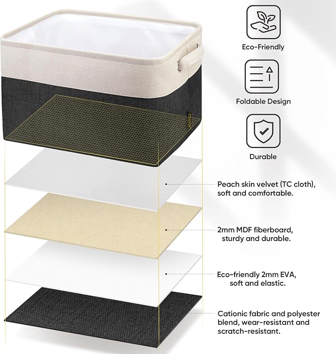 BALEINE 1 Pack Fabric Storage Bins for Shelves, Linen Storage Baskets for Organizing, Decorative Closet Bins for Clothes, Home (Black, 15''x11''x9.5'')