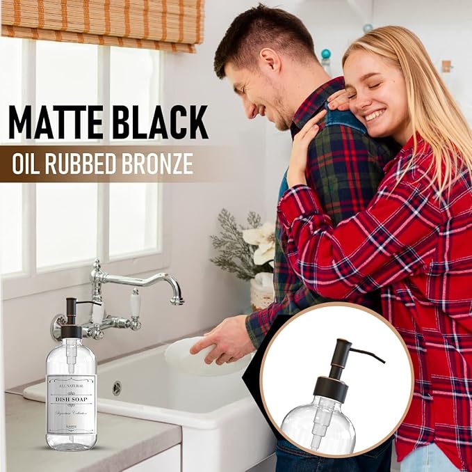 2 Pack Clear Glass Soap Dispenser 16 OZ with Oil Rubbed Bronze Stainless Steel Pump, Hand and Dish Soap Dispenser Set for Bathroom and Kitchen Sink with 6 Waterproof Labels