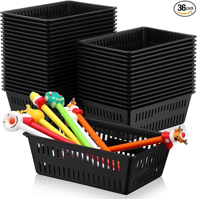Sherr 36 Pack Classroom Storage Basket Small Plastic Basket for Organizing Crayon Pencil Container Storage Bin Tray Holder for Paper Shelf Back to School Office Supply 6.1" l x 4.3" w x 2.4" h(Black)