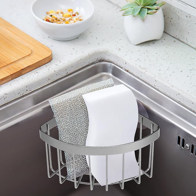 Veemoon Suction Corner Stainless Steel Caddy, Kitchen Sink Sponge Holders And Organizers No Drilling Corner Rack Movable Faucet Basket - Strong Adsorption - for Shower Bathroom Kitch, 6. 29x4. 52x3.