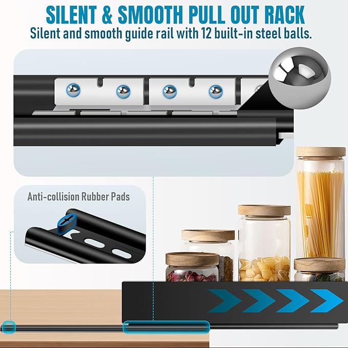 Pull Out Spice Rack Organization for Cabinet, Slide Out Expandable Spice Organizer, Adjustable Spice Cabinet Organizers, Cabinet Size Need: 2.4" Highx10.6" Deepx(6" to 8.2")Wide, Hold 20 Spice Jar