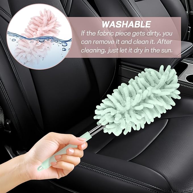 2PCS Car Interior Duster with Extension Pole, Soft Chenille Microfiber Duster for Cleaning, Scratch Free & Lint-Free, Washable Cleaning Brushes for Vehicle Details, Home, Office (Green)