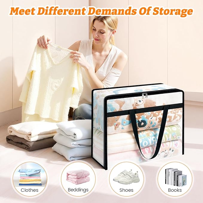 BlissTotes 6 Pack Clear Clothes Storage Bags, Moving Bags, Foldable Blanket Storage Under Bed Storage Containers with Sturdy Zipper and Handle for Clothing, Comforter, Bedding, Sheet (40L)