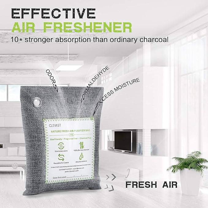 CLEVAST Bamboo Charcoal Air Purifying Bags - (Large, 4×200g), Removes Odors and Moisture, Nature Fresh Air Purifier Bags, Odor Eliminator for Home, Car, Pets, Bathroom, Basement