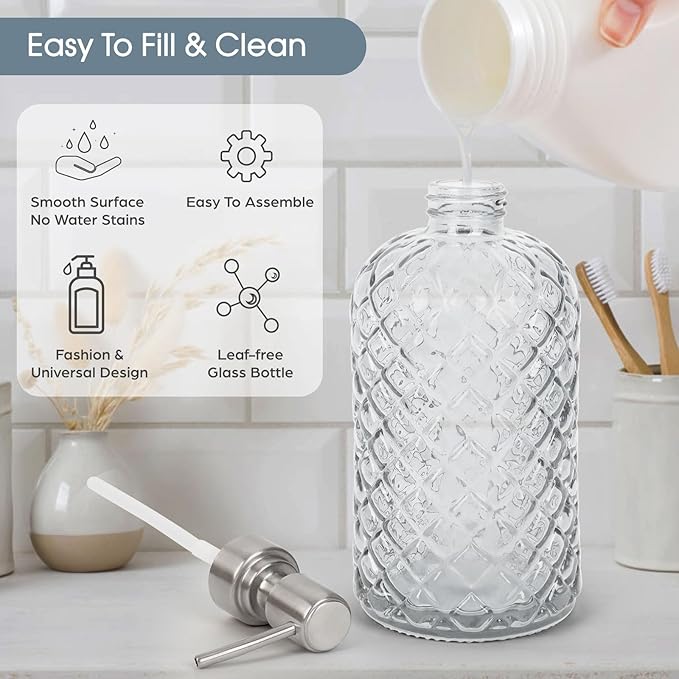2 Pack Gem-Patterned Glass Soap Dispenser with Rust Proof Stainless Steel Pump-13 oz Liquid Hand Soap Dispenser for Kitchen & Bathroom,Great for Lotions, Essential Oil, Liquid Soaps-Clear
