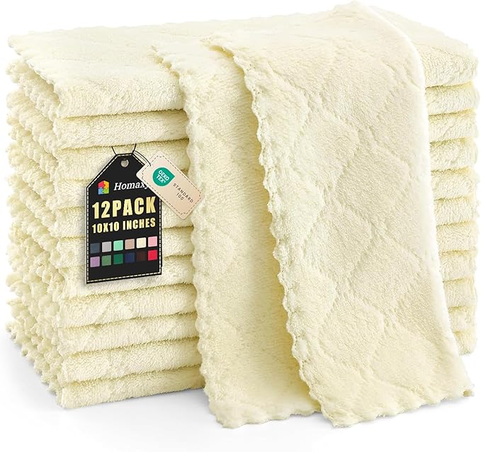 Homaxy 12 Pack Kitchen Dish Cloths (10 x 10 Inches, Cream Yellow), Super Soft and Absorbent Coral Velvet Dish Towels, Nonstick Oil Fast Drying Microfiber Cleaning Cloth, No Lint Household Dishcloths