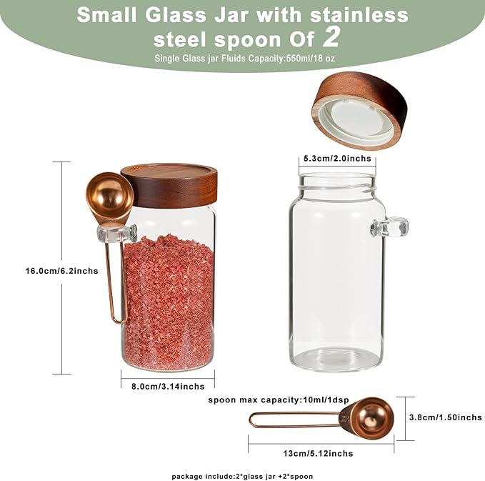 Patoper Glass Coffee Jars Spice Jar Round Storage Canister with Wooden Lid Clear Glass Food Jar for Pantry Sugar Tea Coffee Bean Spice Nuts Cookies Bath Salts (2×550ml(18oz) with spoon)