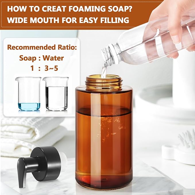 Amber Foam Soap Dispenser, 10 oz/300ml Glass Foaming Soap Dispenser, 2 Pcs Foaming Hand Dispenser for Bathroom & Kitchen, Refillable Bottle with Waterproof Labels