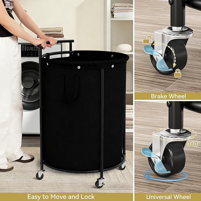 Chrislley 160L Double Laundry Hamper with Wheels, Rolling Laundry Basket with Removable Bag,Round Iron Laundry Cart with Steel Frame and Handle, Dirty Clothes Hamper Organizer for Dorm,Hoom(Black)