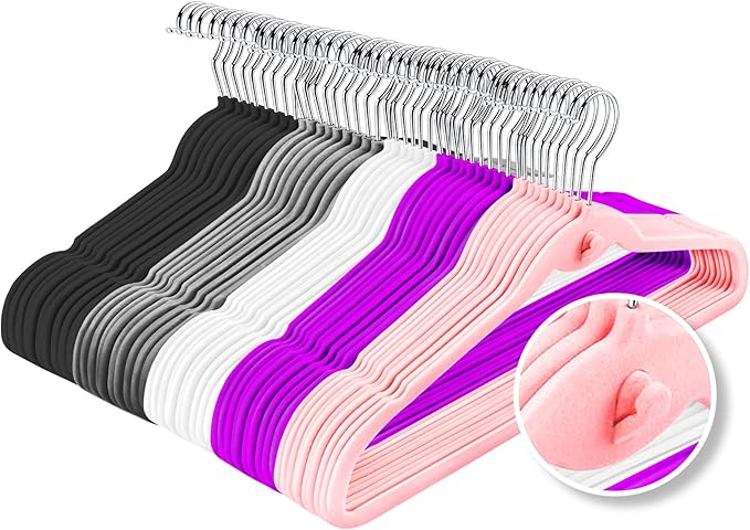 Multi-Color Velvet Hangers 50 Pack with Cascading Hooks, Non-Slip Black, Pink, White, Grey, and Purple Velvet Hangers for Clothes, Suits, and Coats
