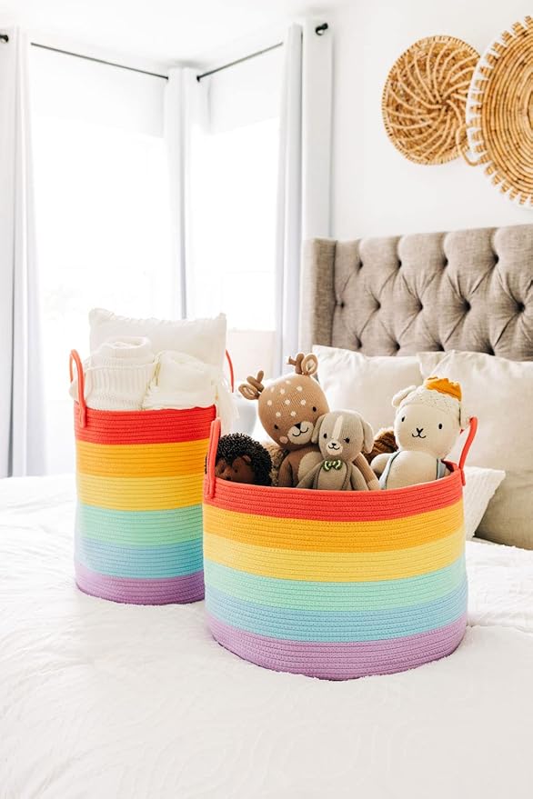 OrganiHaus Rainbow Blanket Basket for Classroom & Nursery, Extra Large Woven Laundry Basket W/Handles, Kids Toy Organizer & Storage, Soft Round Dog Toy Storage Bin, Cute Bin - 20"x13" in