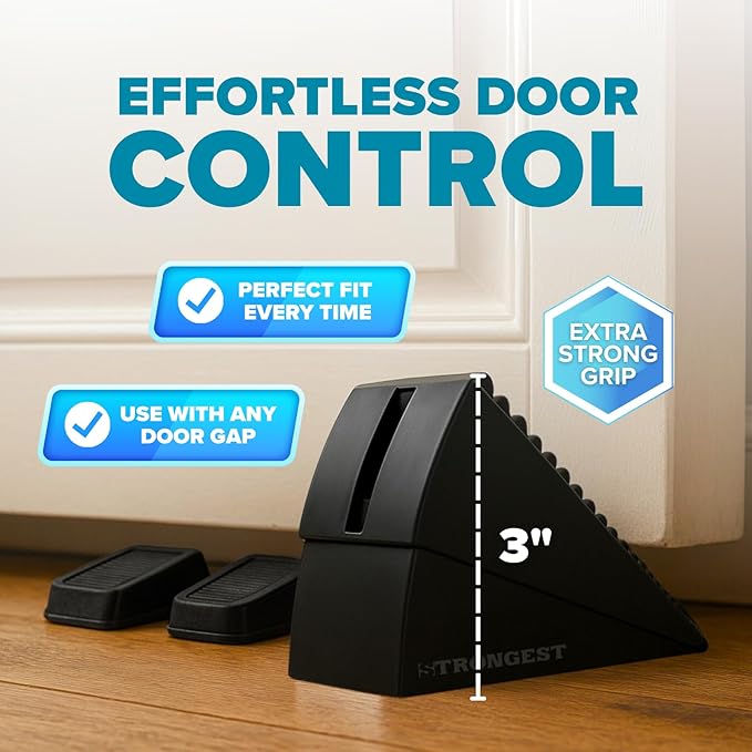 Strongest Home 4 Pack XL Adjustable Door Stopper with Spring – Heavy Duty Wedge for Oversized, Thick & Heavy Doors, Anti-Slip Rubber Grip, Commercial, Home & Outdoor Use on Carpet, Wood, Tile - Black