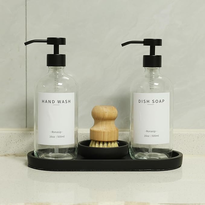 Set of 5 Kitchen Soap Dispenser Set 16 Oz Glass Hand Dish Soap Dispenser with Stainless Steel Pump, Cement Tray, Dish Scrub Brush for Farmhouse Rustic Home Bathroom Decor (Transparency)