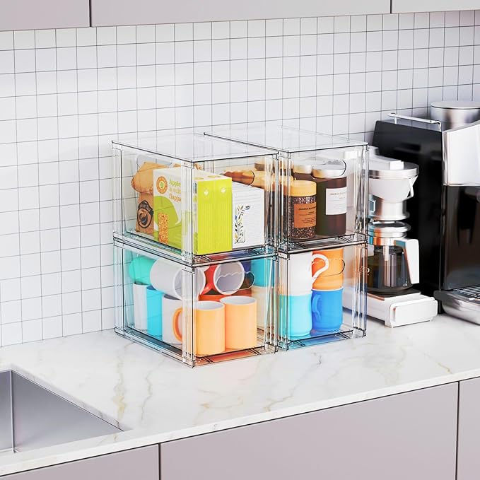 Yieach 4 Pack Large Stackable Storage Drawers,Clear Acrylic Drawer Organizers and Baby Bottle Organizer for Countertop,Cabinet,Bathroom,Pantry,Office Closet Organizers and Brightroom Storage Bins