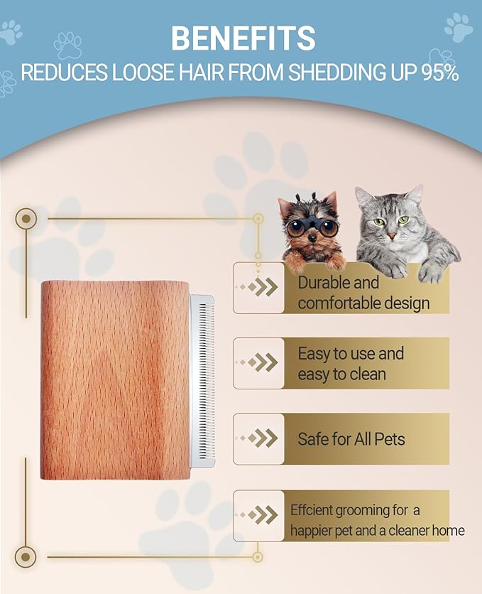cat brush for shedding, Rabbit brush with Ergonomic wooden Handle-Deshedding Brush for Cats & Cat Comb Tool for Detangling and Remove excess hair, Fur, dirt, etc (S (3 Inch))