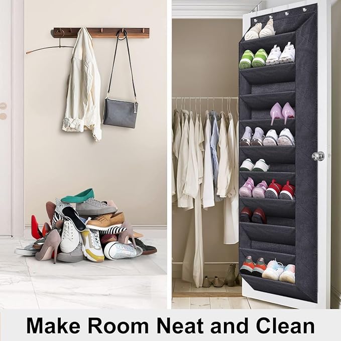 SLEEPING LAMB Over The Door Shoe Organizer for Closet with Large Deep Pockets, Narrow Shoe Rack for Door Hanging Boots Storage, Black