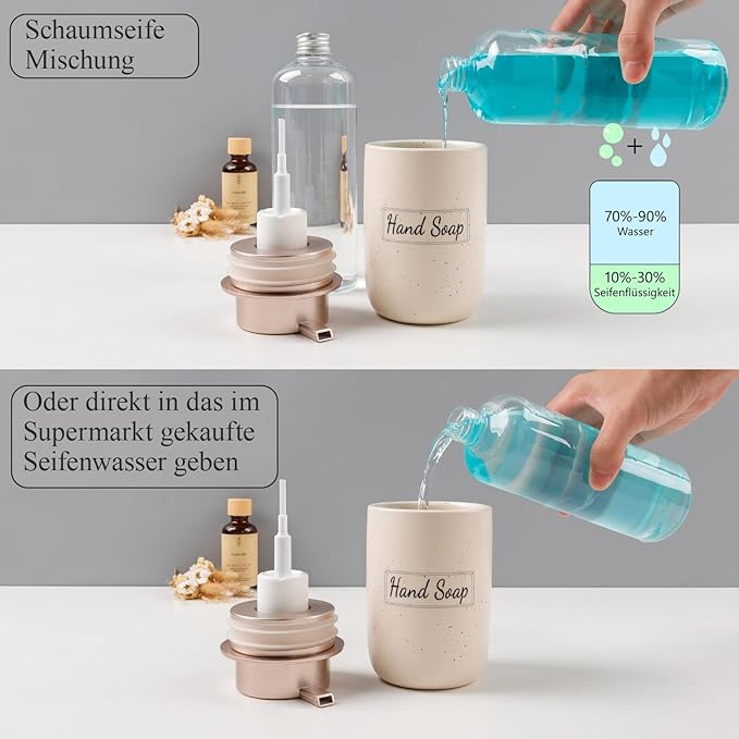 BosilunLife Foaming Soap Dispenser Set - Apricot Ceramic Foam Hand Soap Dispenser 12oz with Rust Proof Pump, Easy Pressing & Refillable,4Pcs Clear Stickers for Kitchen, Bathroom - 2 Pack