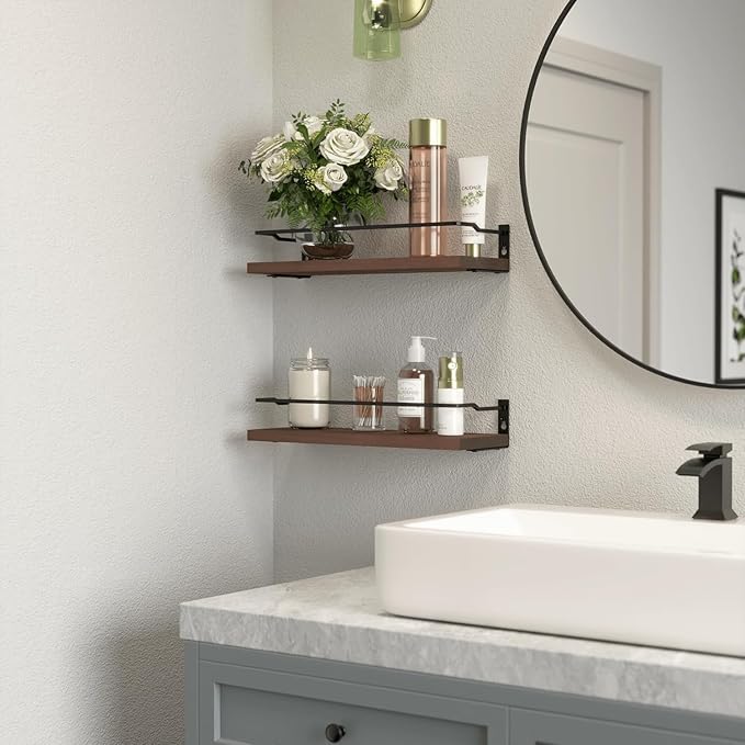 RICHER HOUSE Floating Shelves, Small Wall Shelf for Bathroom Decor, Rustic Wall Mounted Wood Shelves Set of 2, Bathroom Organizer Over Toilet Storage, Kitchen Shelf - Rustic Brown