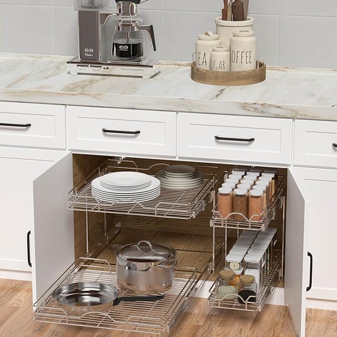 OCG 2 Tier Pull Out Cabinet Organizer (12.5" W x 21" D), Pull Out Drawers for Kitchen Cabinets, Pull Out Shelves for Base Cabinet Organization in Kitchen Bathroom Pantry, Chrome Finish