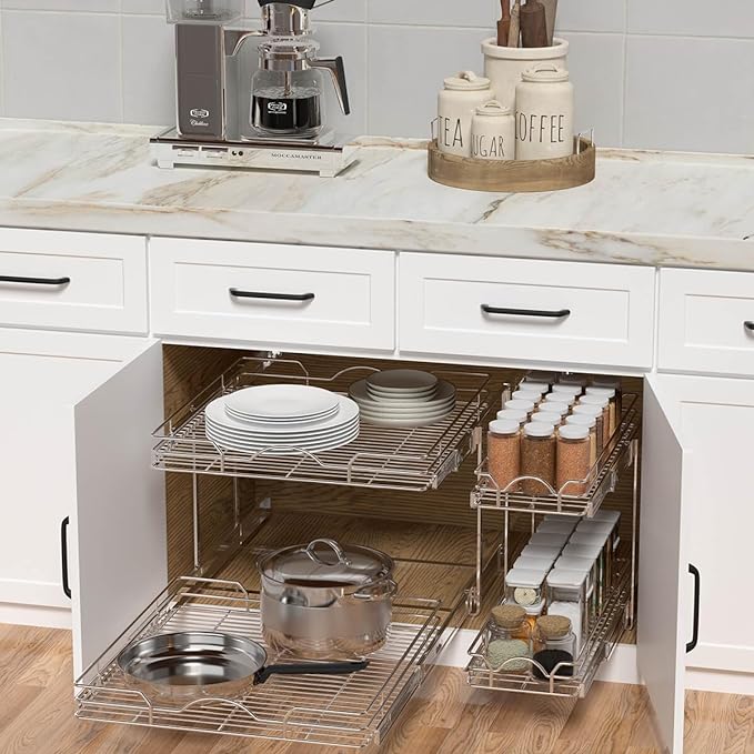 OCG 2 Tier Pull Out Cabinet Organizer (14" W x 21" D), Pull Out Drawers for Kitchen Cabinets, Pull Out Shelves for Base Cabinet Organization in Kitchen Bathroom Pantry, Chrome Finish