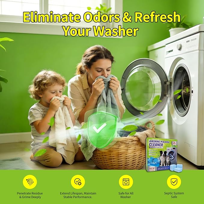 Washing Machine Cleaner Tablets - Deep Cleans & Descaler for Front Load and Top Load Washers, HE Compatible, 24 Pack Formulated for Pet Owners