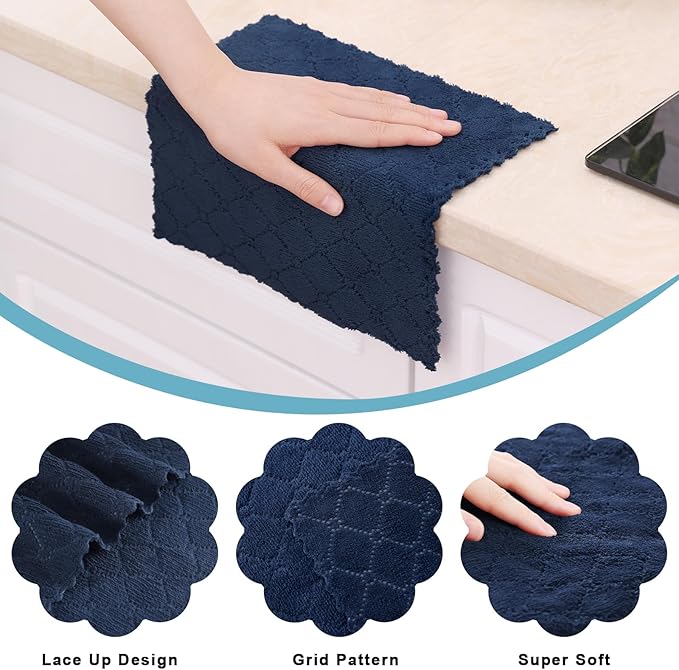 Homaxy 24 Pack Kitchen Dish Cloths (10 x 10 Inches, Navy Blue), Super Soft and Absorbent Coral Velvet Dish Towels, Nonstick Oil Fast Drying Microfiber Cleaning Cloth, No Lint Household Dishcloths