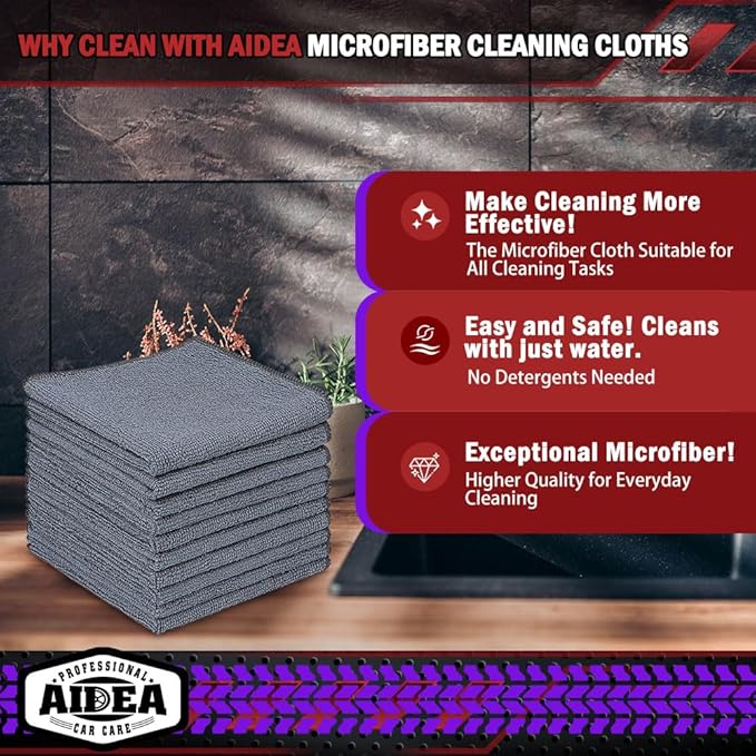 AIDEA Microfiber Cleaning Cloth Grey 10PK, Micro Fiber Cloth for Cleaning Cars, Premium All Purpose Car Towels, Dusting Cloth Cleaning Rags SUVs, House, Kitchen, Window, Workshops, 12"×12"