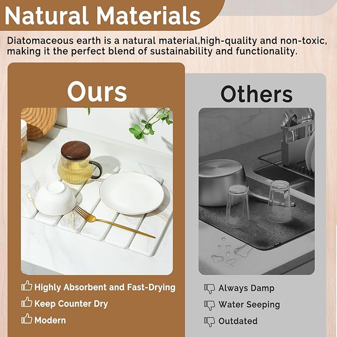 Small Stone Dish Drying Mat for Kitchen Counter, 15.7"×12" & 8"x4" Quick Dry Stone Mats, Foldable Water Absorbing Diatomaceous Earth Drying Dish Pad for Countertop Bottles Utensils Cup(Gold White)