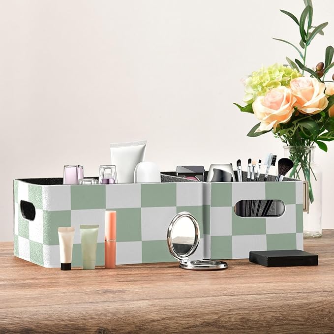 Checkered Green and White Png Closet Storage Bins 2 Pcs Felt Open Home Storage Containers Organizer with Handles Collapsible Shelf Basket for Home Office Craft Room Classroom Fabric