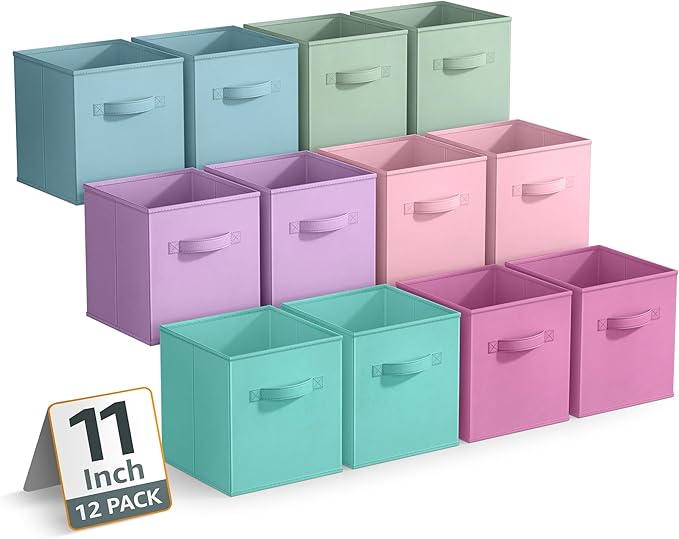 Sorbus 11 Inch Storage Bins - Sturdy Collapsible Fabric Storage Cubes with Handle - 12 Foldable Baskets for Organizing Clothes, Toys, Books - Storage Baskets for Shelves, Closets