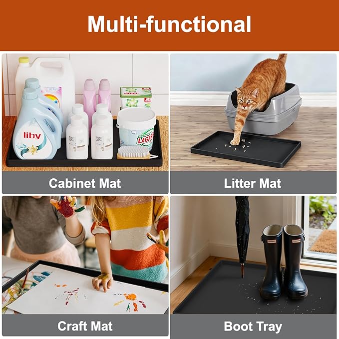 Extra Thick Silicone Mat Waterproof with Raised Edge 19” x 12”, BPA Free Non-Slip Dog & Cat Food Mat, Feeding Mat for Food and Water Bowls, Spill Proof Mat to Protect Floors, Black