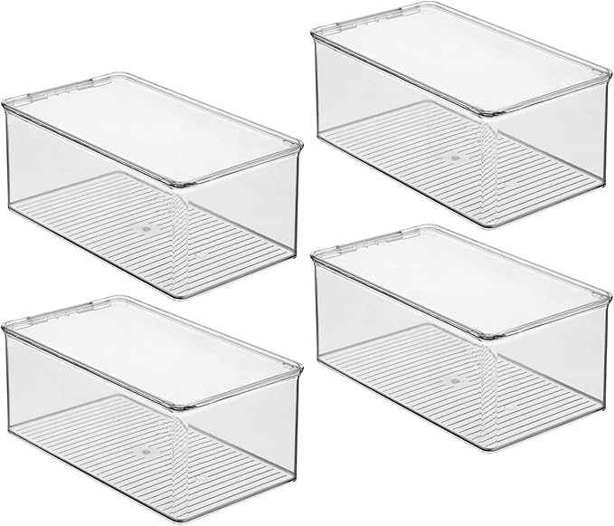 iDesign Stackable Shoe Box with Hinged-Lid for Wedges or Sandals, Set of 4, Clear, Made in USA
