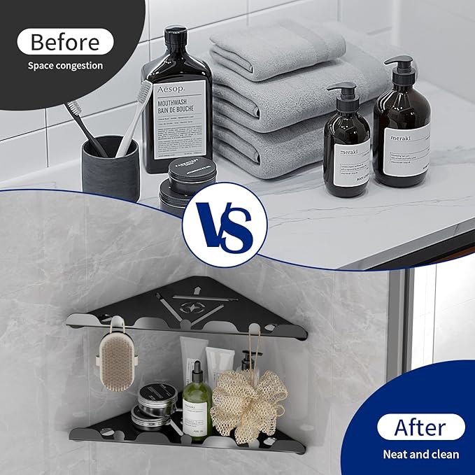 LLLFTJ 2 Pack Corner Shower Shelf, 10" 304 Stainless Steel Modern Corner Shower Shelf for Inside Shower, Heavy Duty Shower Caddy Organizer with Razor Hole, Drilling Installation (Black, 10")