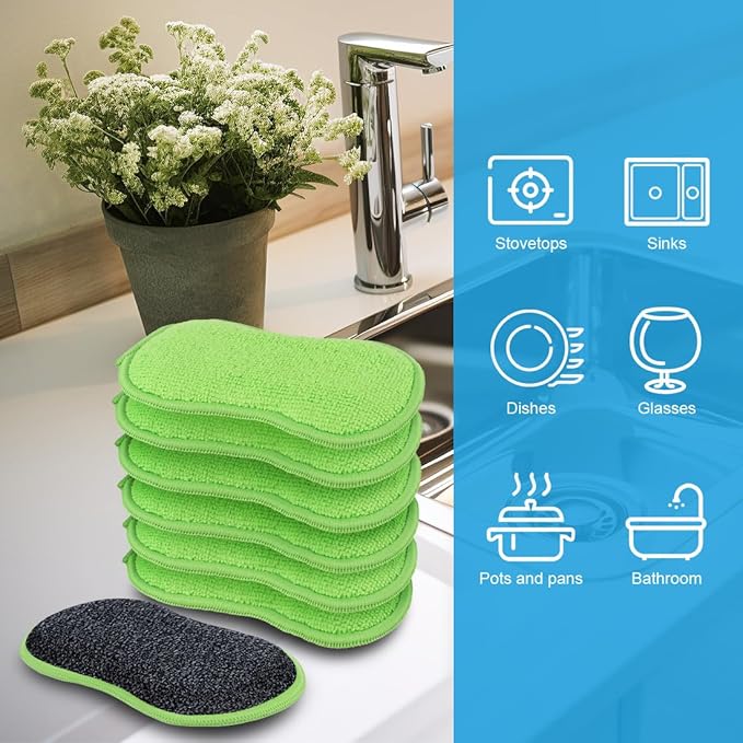 HOMEXCEL 12 Pack Multi-Purpose Scrub Sponges Kitchen Dish Sponge Non-Scratch Microfiber Sponge for Efficiently Cleaning Dishes Pots Pans Green