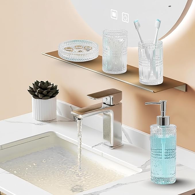 Escenzy Clear Glass Bathroom Accessories Set 4 Pcs | Premium Liquid Soap Dispenser and Toothbrush Holder Set, Qtip Holder, Soap Tray | Bathroom Countertop Organizer | Modern Bathroom Accessory Sets
