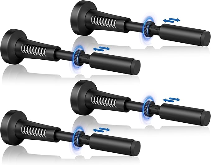 4pcs Adjustable Spring Door Stops, 4.17-5.35in Aluminum Long Door Stoppers with Silicone Tip, Matte Black Door Stop for Bottom of Door, Screw & Adhesive Installation, Black
