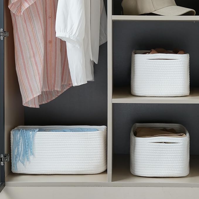3-Pcs Shelf Baskets for Organizing, Closet Organizer Bins, Small Woven Baskets, Rope Toy Basket, Storage Basket for Shelves, Cube Decorative Box, 11.8×7.8×5.1”, White
