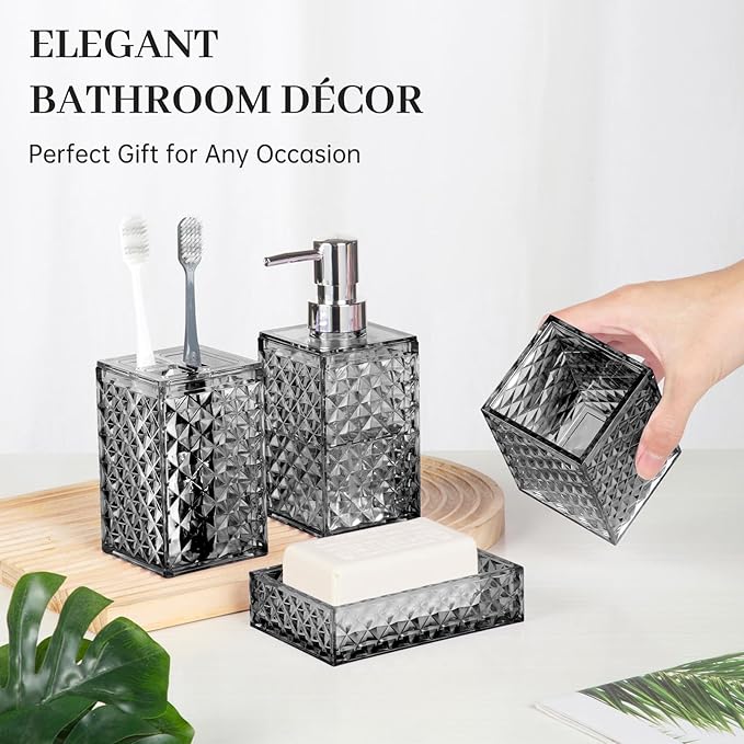 Bathroom Accessory Set, Grid Pattern 4 Pcs Plastic Bathroom Set Include Soap Dispenser, Soap Dish, Toothbrush Holder, Mousewash Cup, Modern Bahtroom Décor Set, Space Save for Bathroom((Grey)