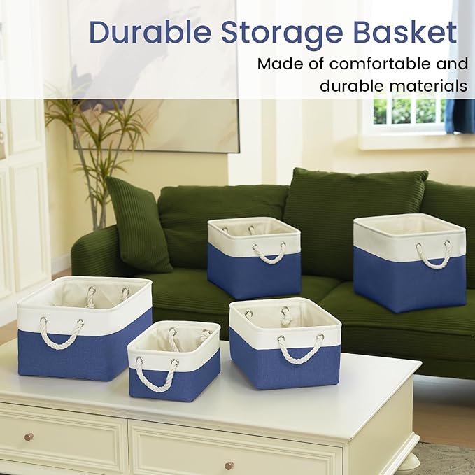 Storage Baskets for Shelves 11.8x7.9x5.2 Inch, Foldable Fabric Storage Bins with Handles, Small Storage Baskets for Organizing Closet, Office, Home Organization (1-Pack, White&Blue)