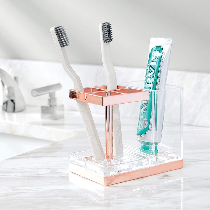 mDesign Plastic Toothbrush and Toothpaste Storage Organizer Holder - Home Decor for Bathroom Countertop - Holds Toiletries and Beauty Accessories - Lumiere Collection - Clear/Rose Gold