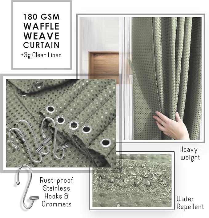 Clara Clark Bathroom Accessories Set - Bathroom Set, Bathroom Accessory Set, Shower Curtain Set, Toilet Brush, Trash Can & Soap Dispenser - Sage Green - 20PC