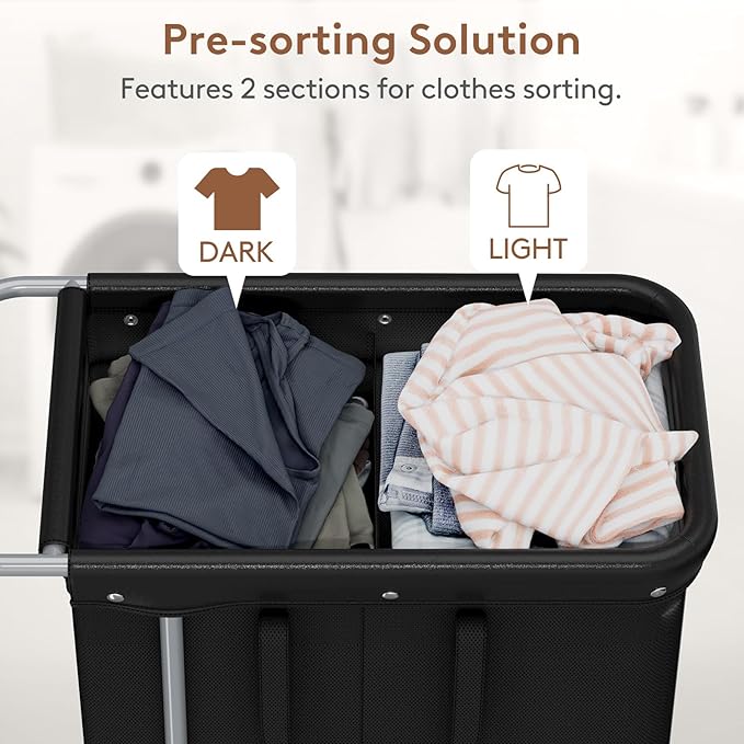 Lifewit 150L Large Laundry Basket with Wheels, Tall 2 Section Laundry Hamper Organizer, Rolling Laundry Cart with Steel Frame & Removable Bag for Luandry Room Bathroom Bedroom, Black