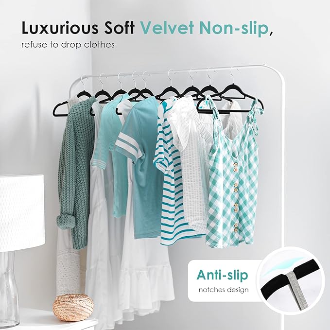 Velvet Hangers Non Slip Felt Hangers, 30 Pack Black Velvet Clothes Hangers Space Saving Slim with 360 Degree Swivel Hook for Suits Coats, Jackets, Pants, and Dress Clothes
