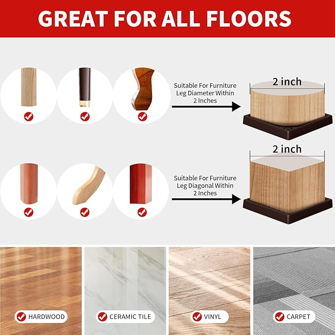 Ezprotekt Non Slip Furniture Pads, 12 Pcs 2" Anti Slip Rubber Caster Cups, Anti Skid Furniture Coasters for Hardwood Floors, No Slide Furniture Gripper, Furniture Stoppers to Prevent Sliding (Brown)