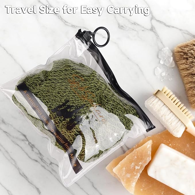 SubSahara Authentic African Net Sponge - 2 Pack Exfoliating Bath & Shower Loofah Sponge for Body & Face, Gentle Scrubber for All Skin Types, Travel, Durable (Olive Green & Light Green)